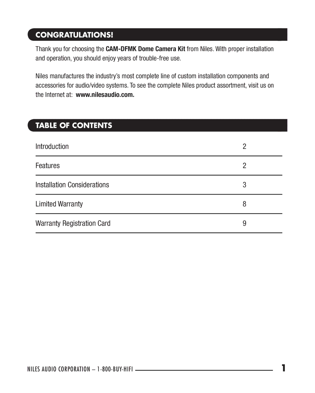 Niles Audio CAM-DFMK manual Congratulations, Table of Contents 