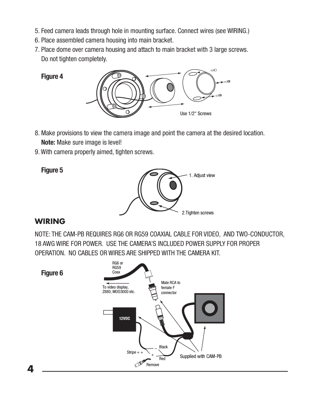 Niles Audio CAM-DFMK manual Wiring, Adjust view Tighten screws 