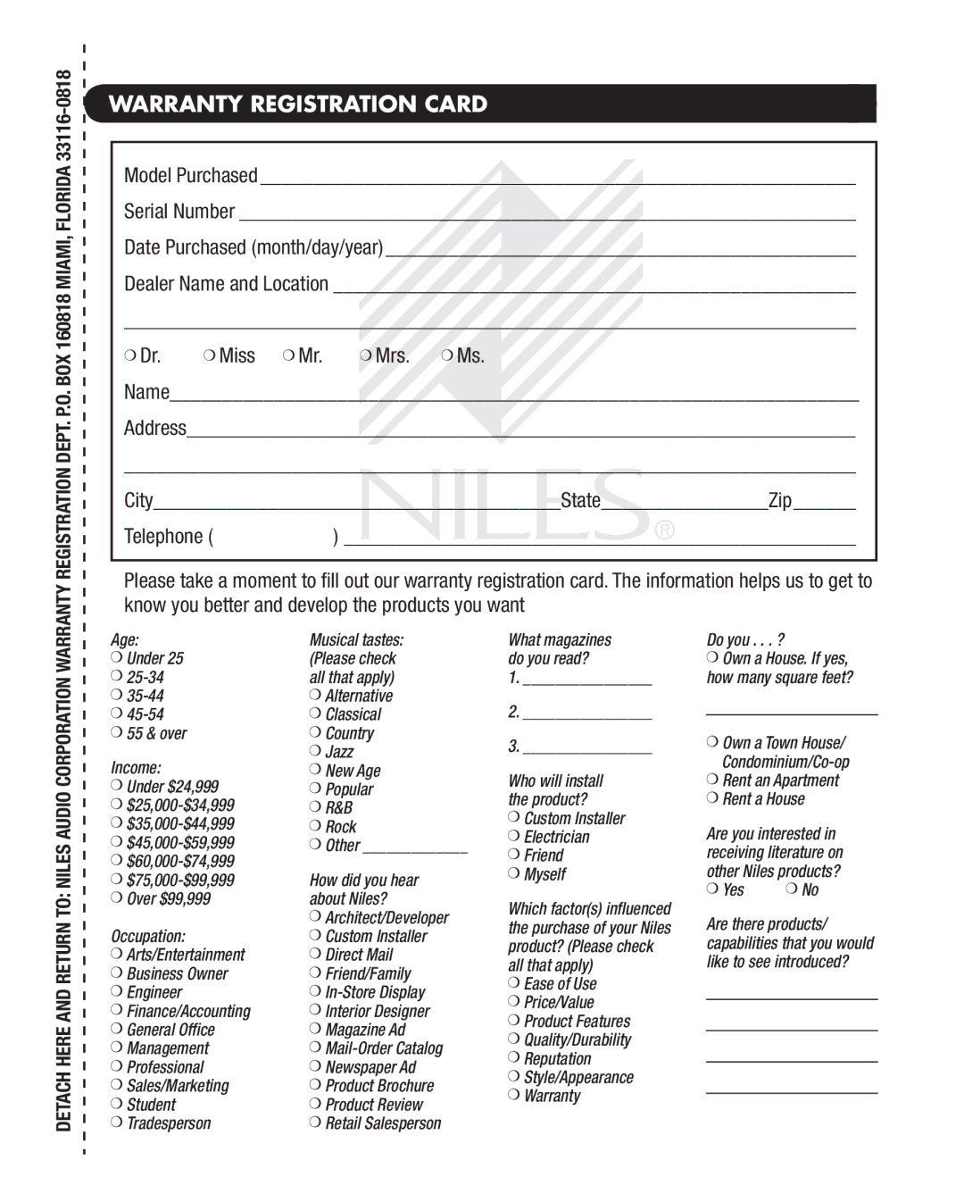 Niles Audio CAM-PB manual Warranty Registration Card, Yes 