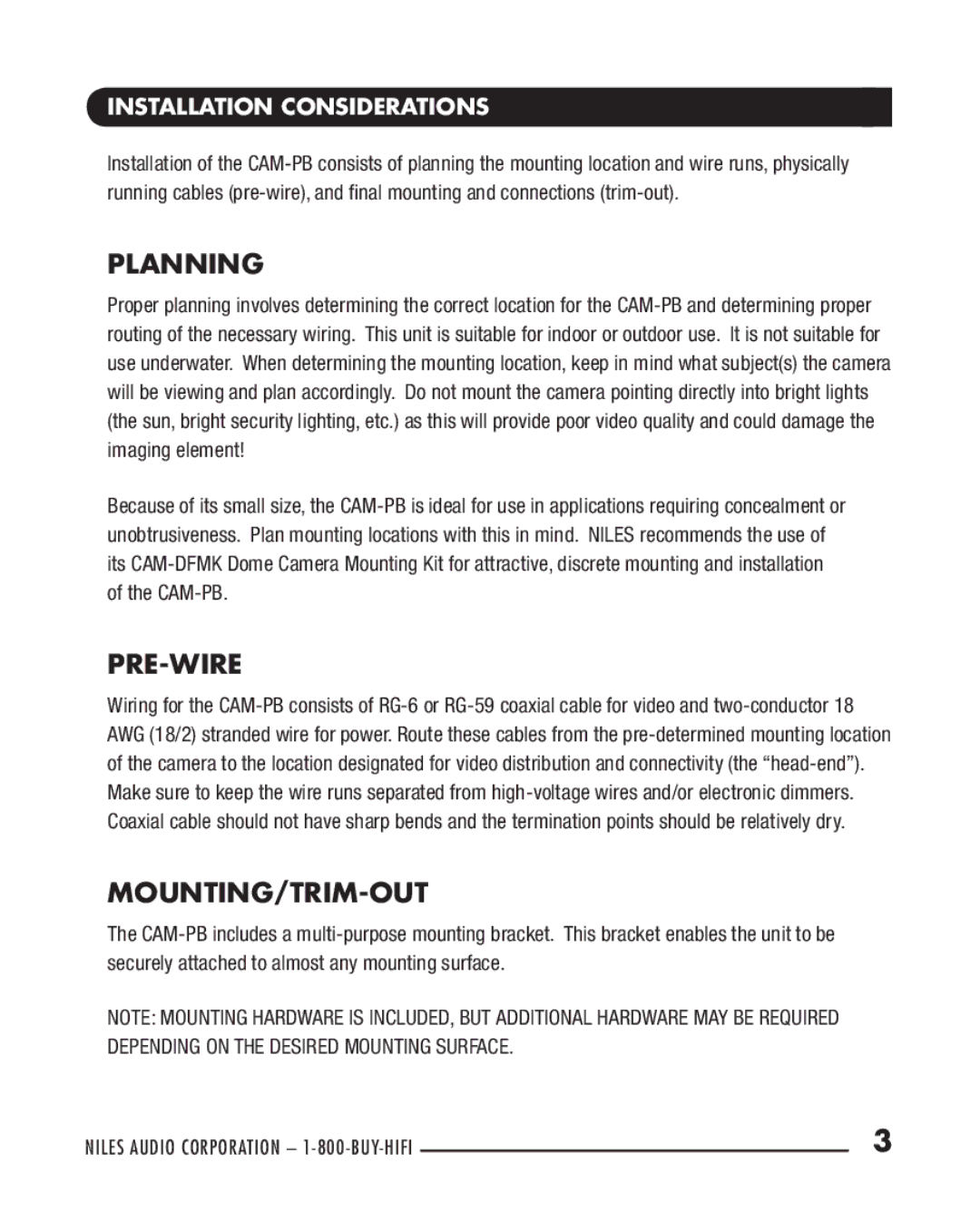 Niles Audio CAM-PB manual Planning, Installation Considerations 