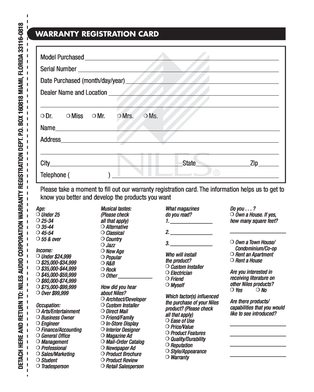 Niles Audio CAM-PB manual Warranty Registration Card 