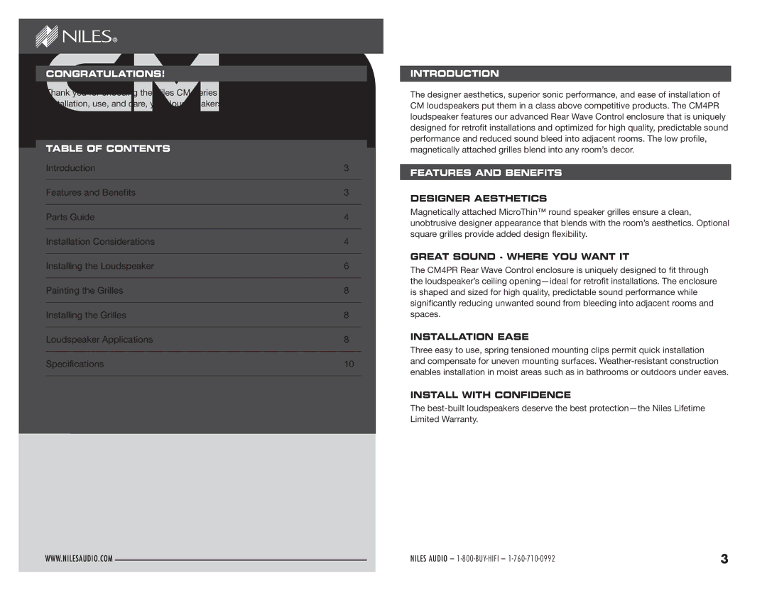 Niles Audio CM4PR manual Congratulations Table of Contents 