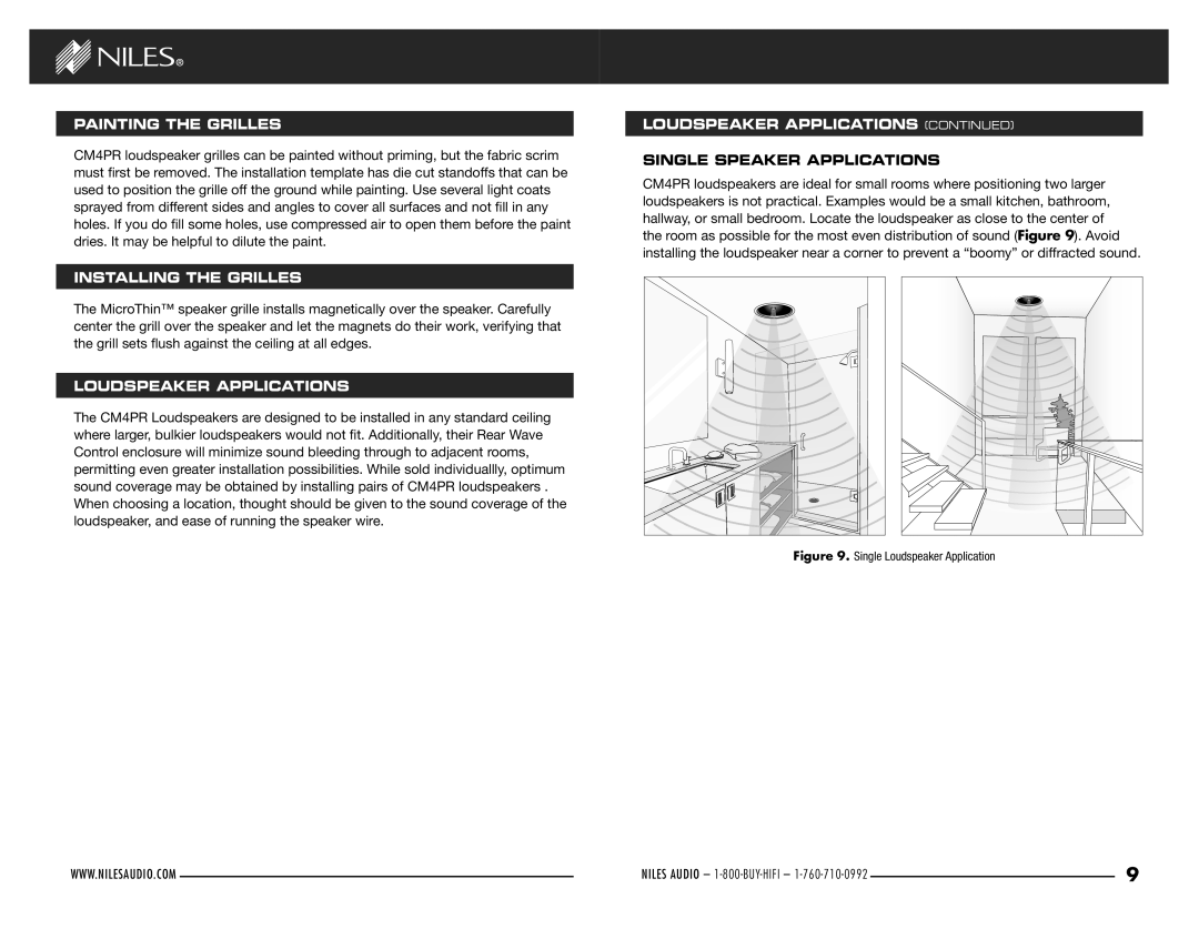 Niles Audio CM4PR Painting ThE Grilles, Installing ThE Grilles, LOUdSPEAKER Applications, Single Speaker Applications 