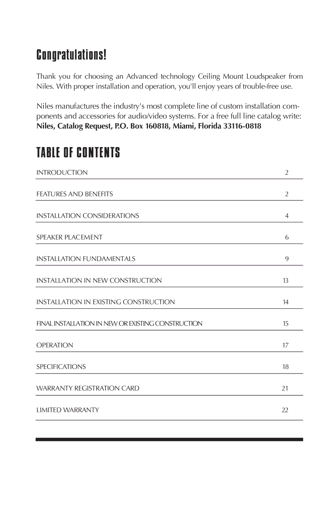 Niles Audio cm5at manual Table of Contents 