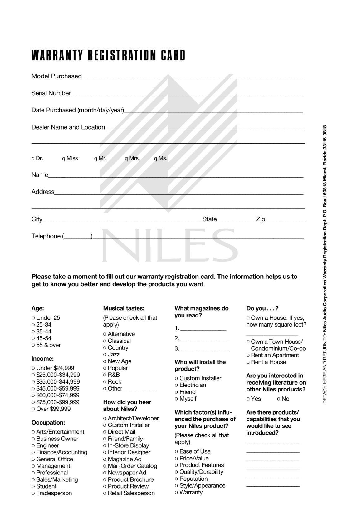 Niles Audio cm5at manual Warranty Registration Card 