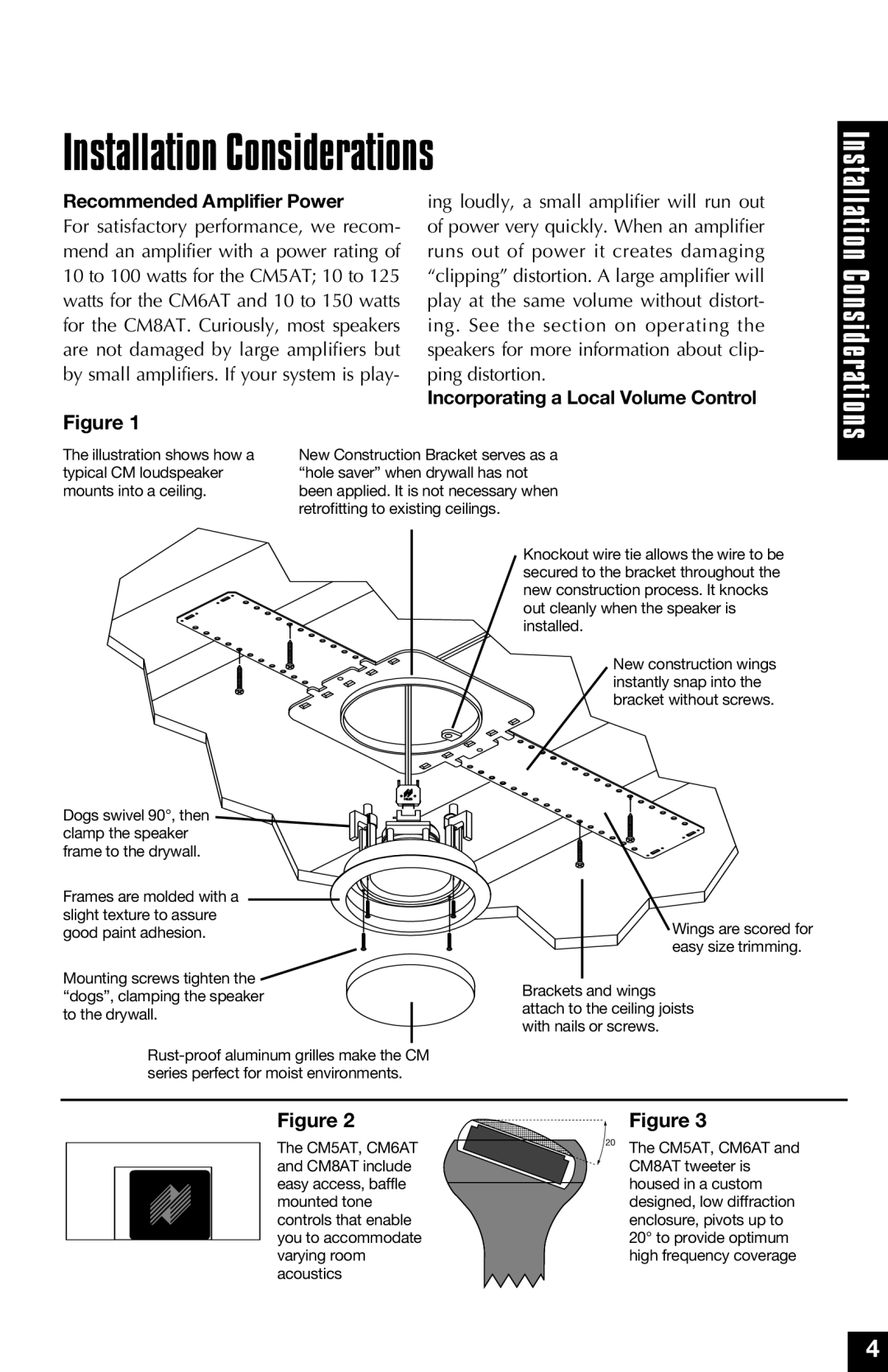 Niles Audio cm5at manual Installation Considerations, Recommended Amplifier Power, Incorporating a Local Volume Control 