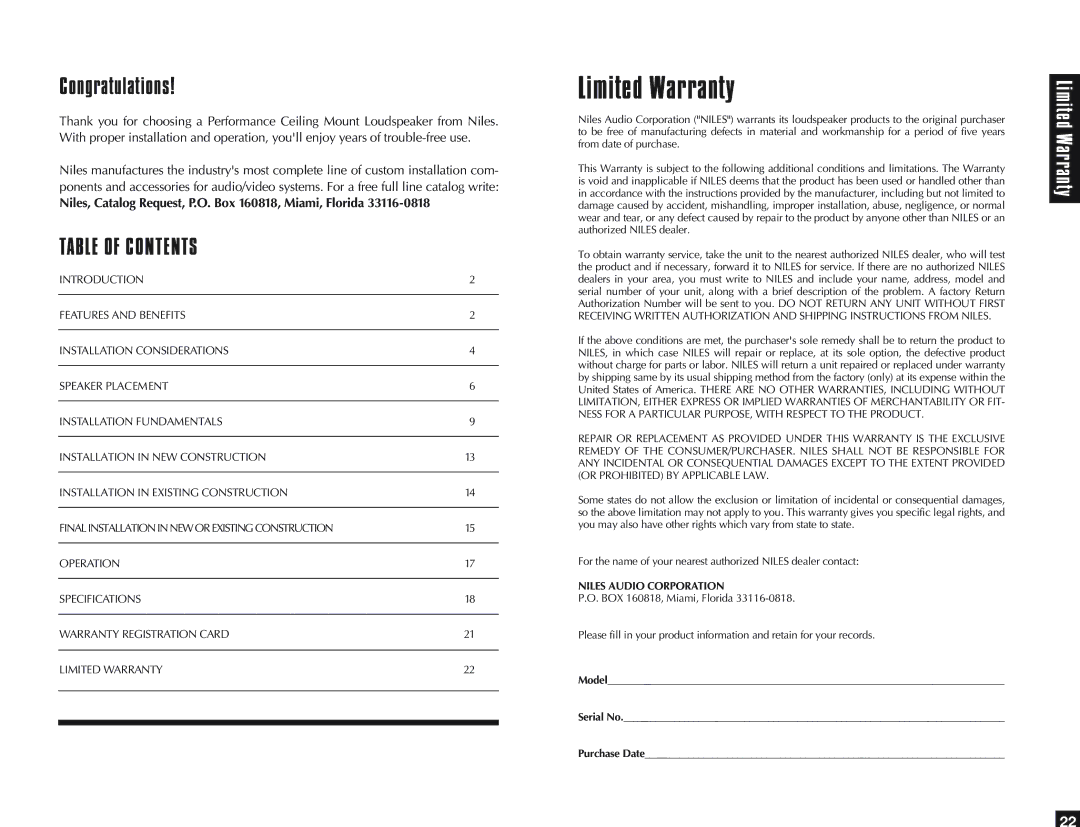 Niles Audio CM5PR, CM6PR specifications Limited Warranty, Table of Contents 