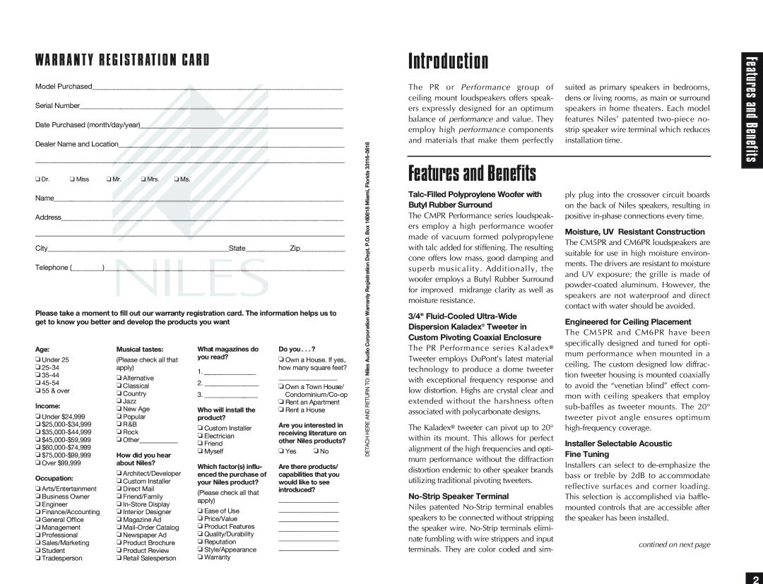 Niles Audio CM6PR, CM5PR specifications Introduction 