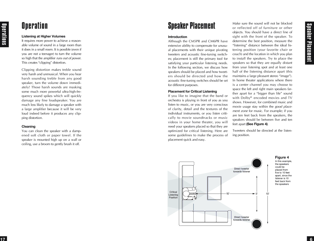 Niles Audio CM6PR, CM5PR specifications Operations, Speaker Placement 