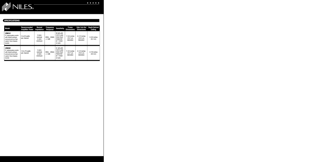 Niles Audio CM610, CM630 dimensions Model, Specifications 