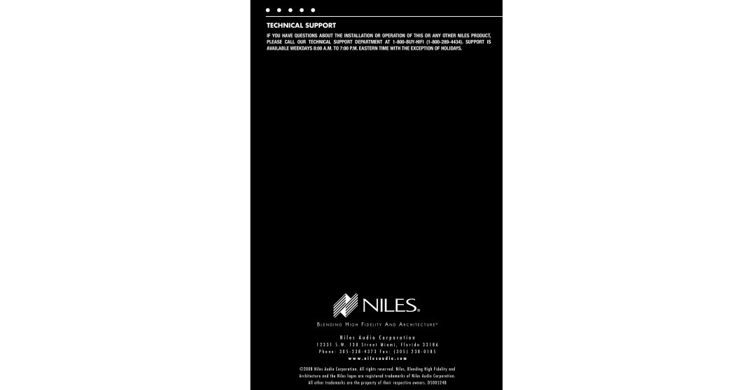 Niles Audio CM630, CM610 dimensions Technical Support, N i l e s A u d i o C o r p o r a t i o n 