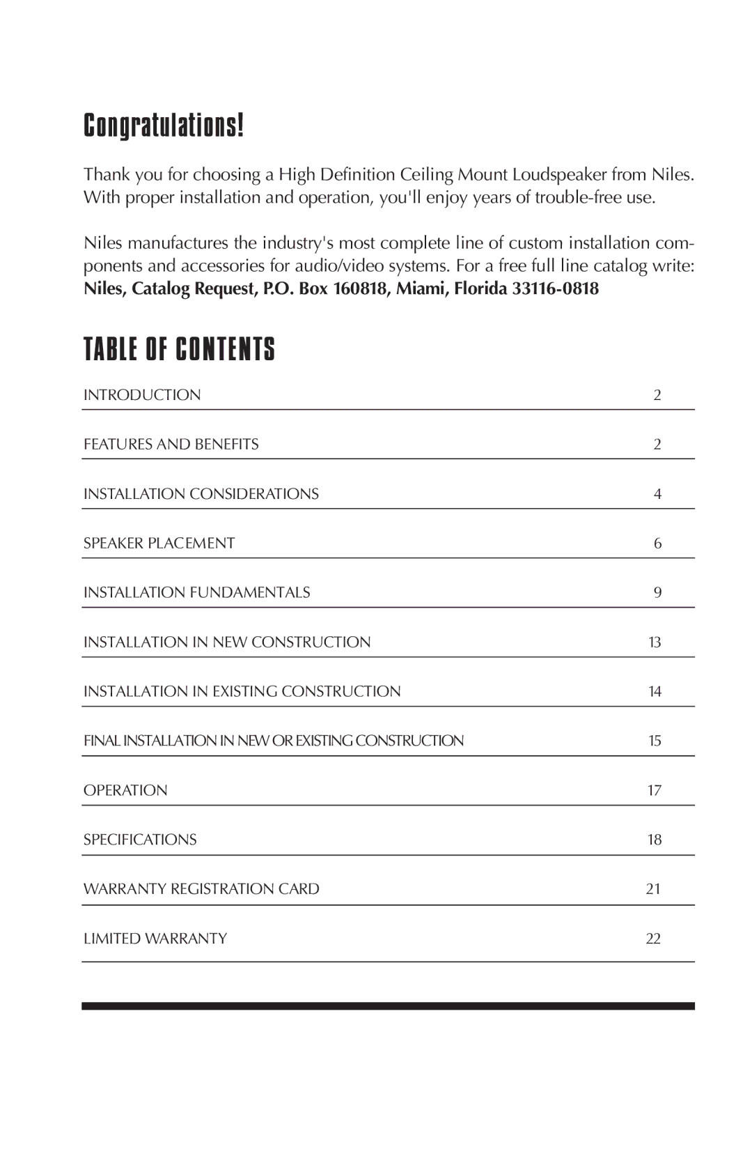 Niles Audio CM8HD, CM6HD, CM5HD manual Table of Contents 