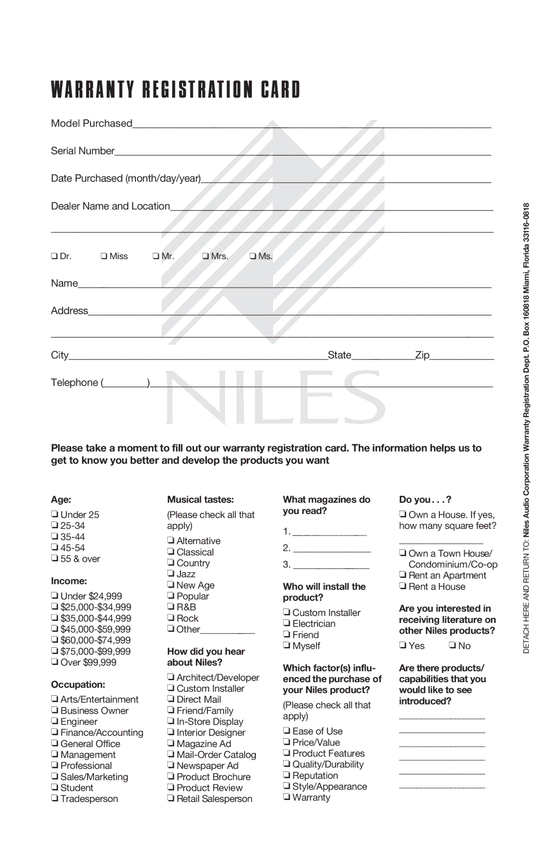 Niles Audio CM5HD, CM6HD, CM8HD manual Warranty Registration Card 