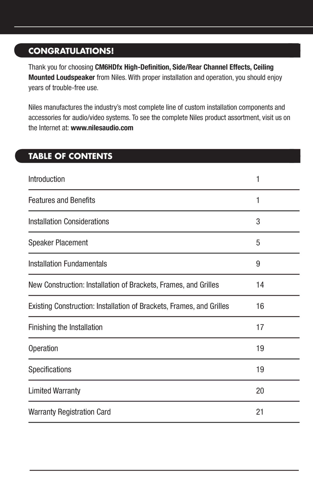 Niles Audio CM6HDFX manual Newcongratulations!Construction, Table of Contents 