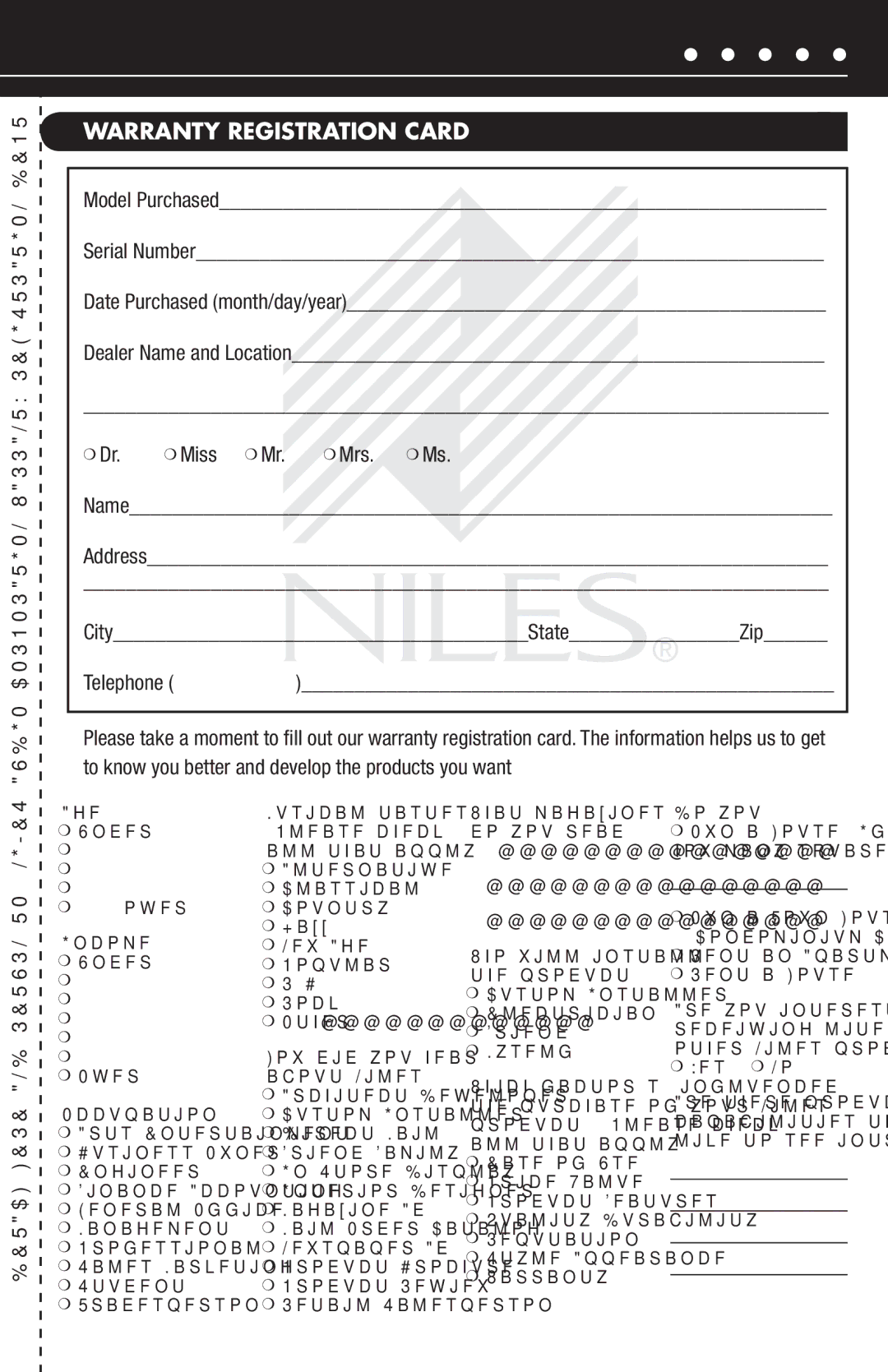 Niles Audio CM6HDFX manual Warranty Registration Card, Telephone 