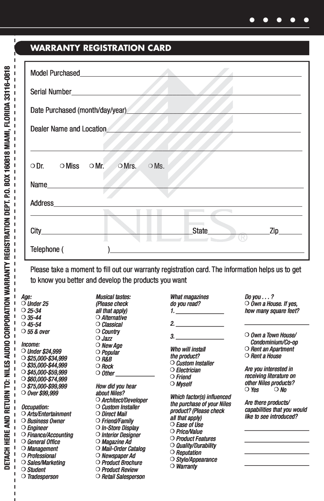 Niles Audio CM6HDFX manual Warranty Registration Card, Dr. Miss Mr. Mrs. Ms 