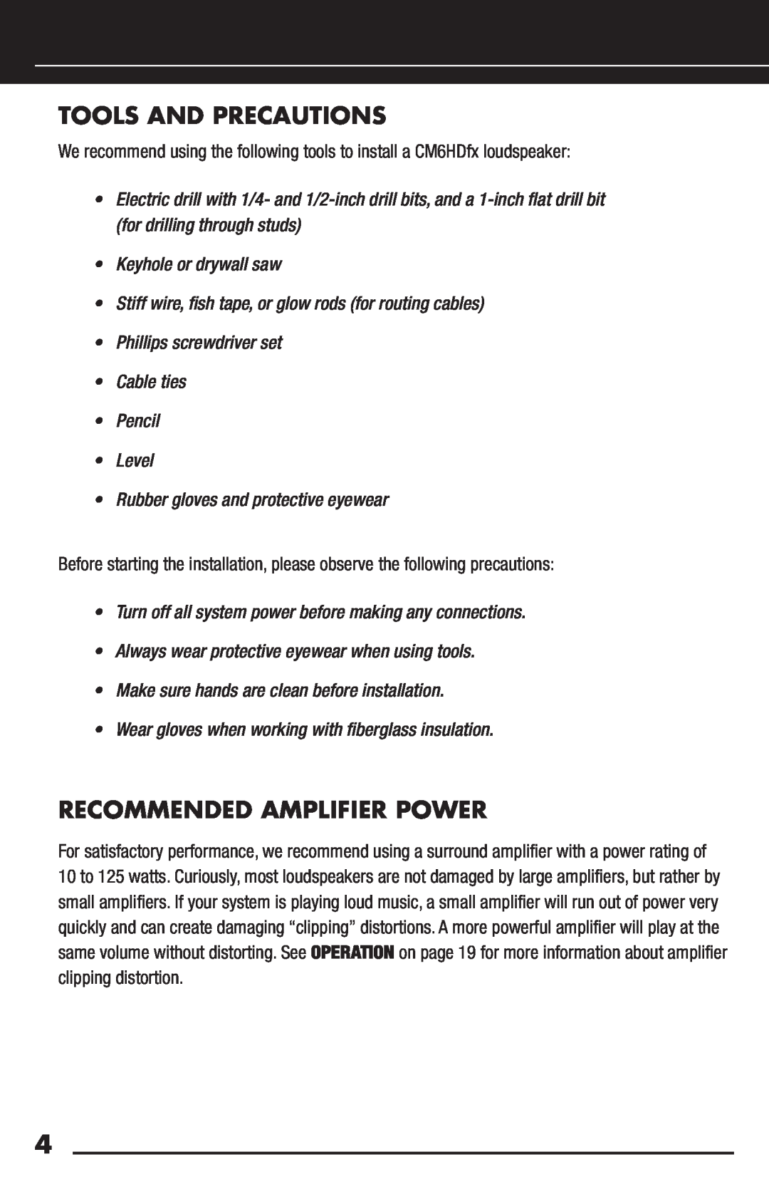 Niles Audio CM6HDFX manual Tools And Precautions, Recommended Amplifier Power 