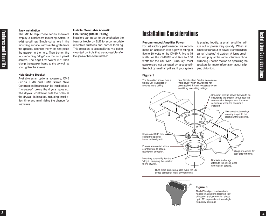 Niles Audio CM6MP, CM8MP Installation Considerations, Easy Installation, Hole Saving Bracket, Recommended Amplifier Power 