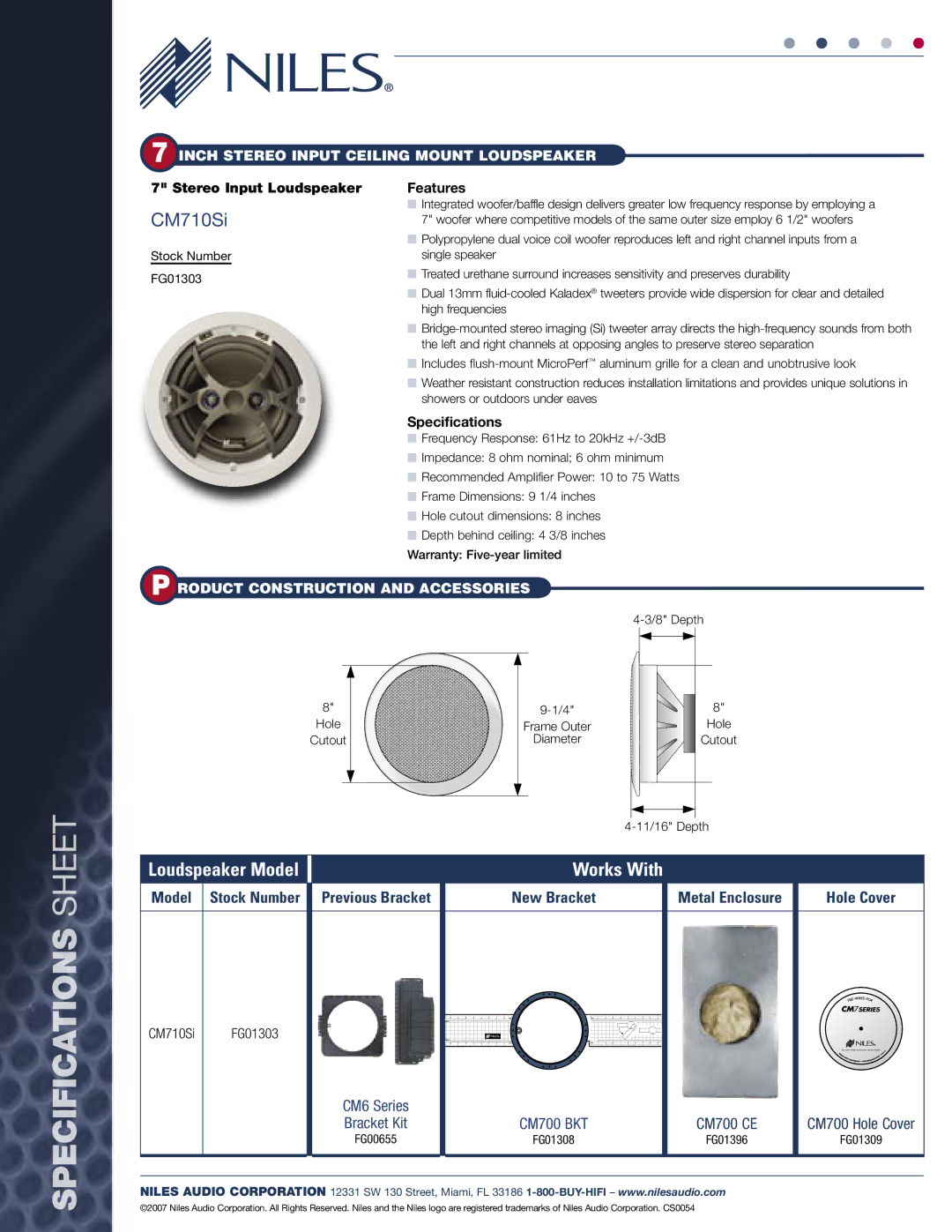 Niles Audio CM710SI specifications Stereo Input Loudspeaker, Features, Specifications 