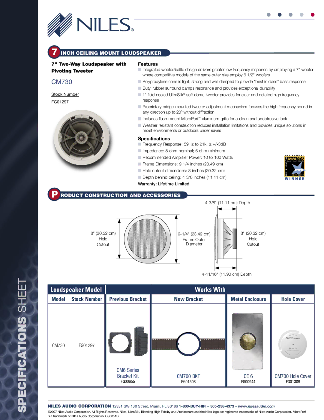 Niles Audio CM730 Loudspeaker Model Works With, Two-Way Loudspeaker with Pivoting Tweeter, Features, Specifications 