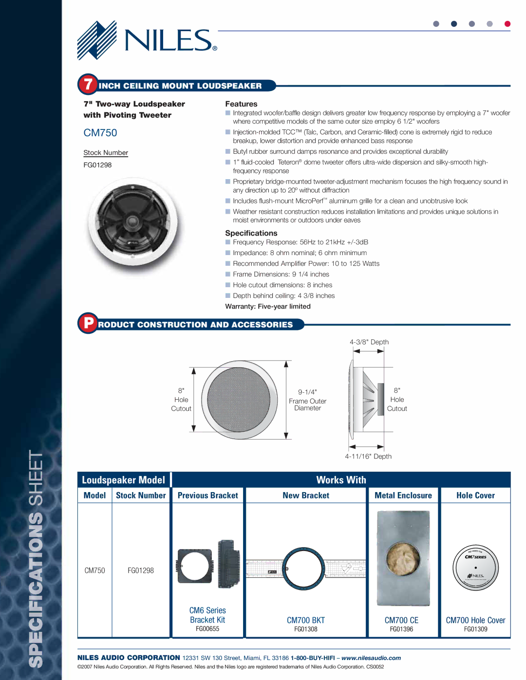 Niles Audio CM750 manual Works With, Two-way Loudspeaker Features With Pivoting Tweeter, Specifications 