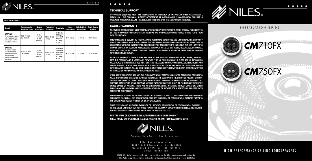 Niles Audio CM710FX, CM750FX warranty Specifications 