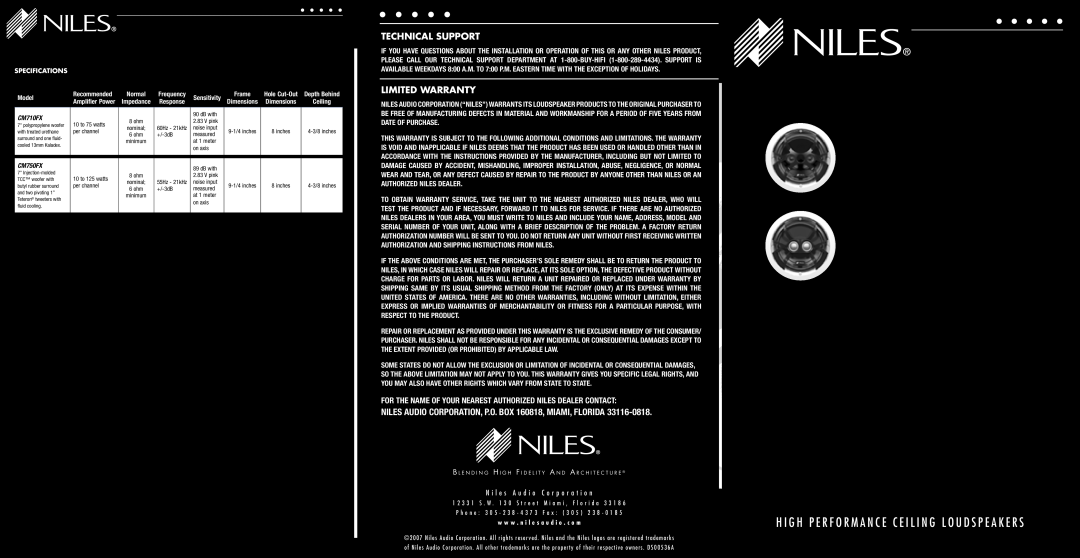 Niles Audio warranty Specifications, CM710FX CM750FX, Technical Support, Limited Warranty, Model, Response, Recommended 