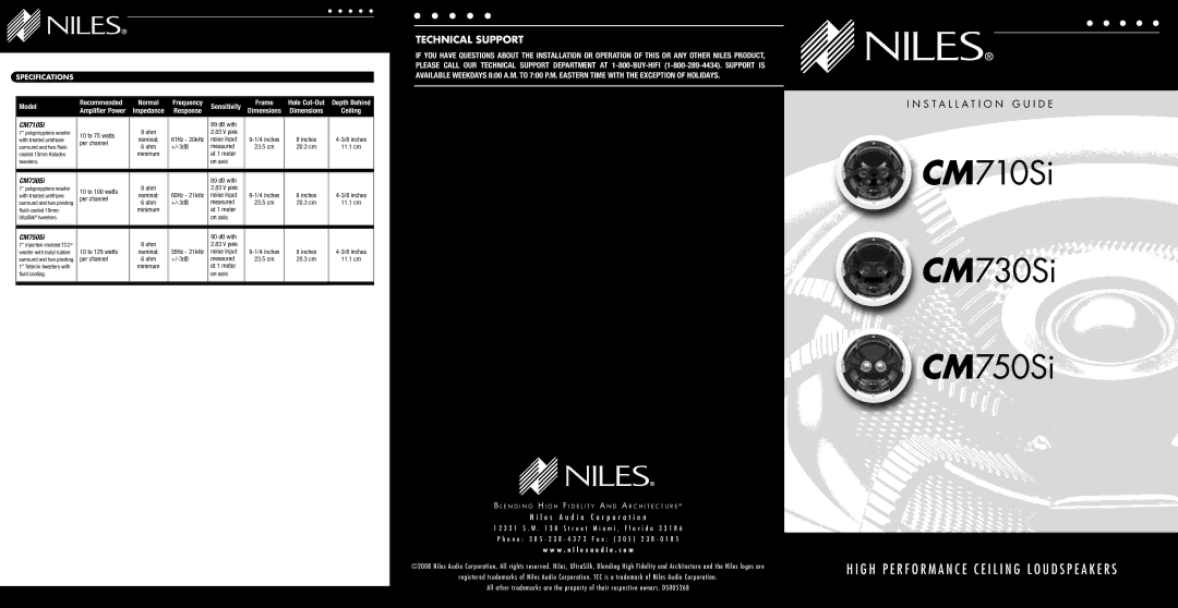 Niles Audio CM730SI dimensions CM710Si, CM730Si, CM750Si, Specifications 