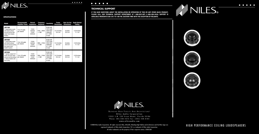 Niles Audio CM730SI dimensions Specifications, CM710Si CM730Si CM750Si, Technical Support, Model, Response, Recommended 