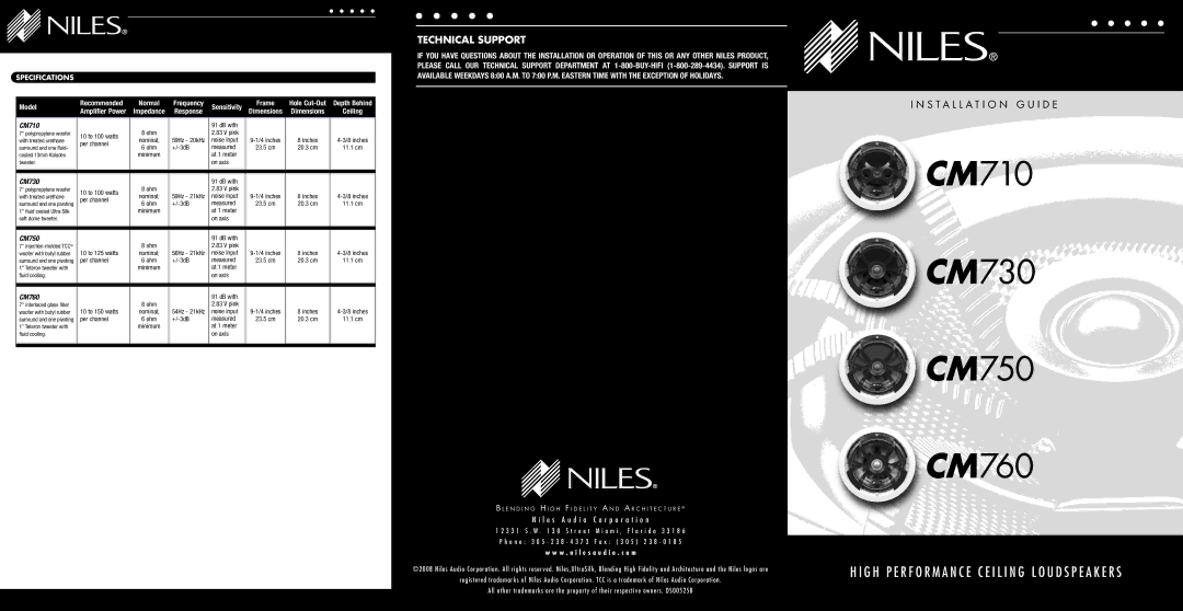 Niles Audio CM710 dimensions CM730, CM750, CM760, Specifications 