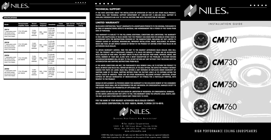 Niles Audio CM710 warranty CM730, CM750, CM760, Specifications 