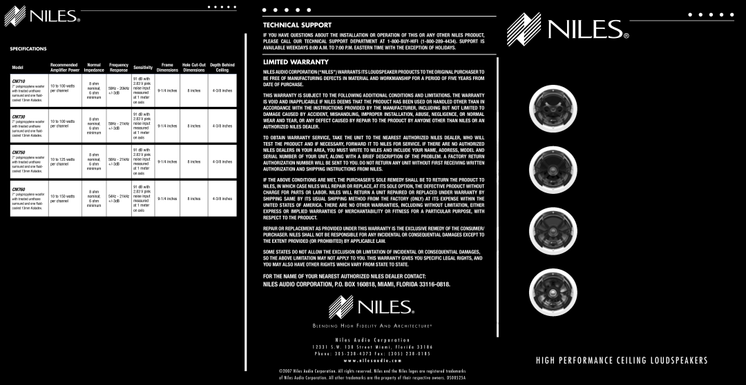 Niles Audio CM710 warranty Model, Response, Specifications, Recommended, Frequency, Sensitivity, Amplifier Power, CM730 