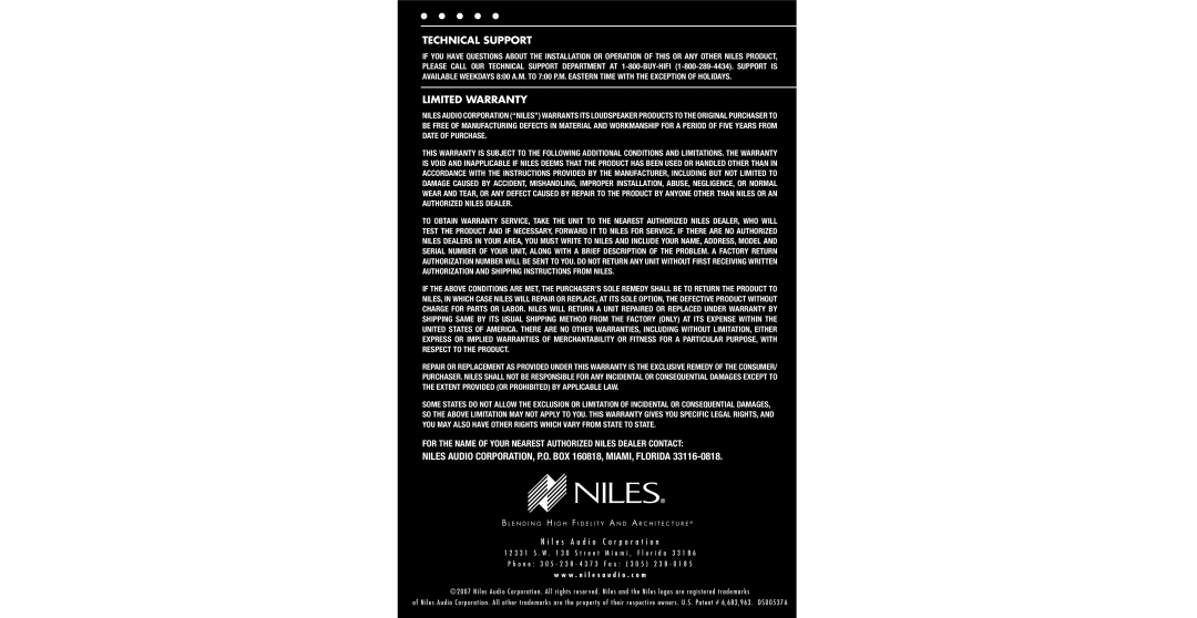 Niles Audio CM760DS, CM750DS warranty Technical Support, Limited Warranty, N i l e s A u d i o C o r p o r a t i o n 