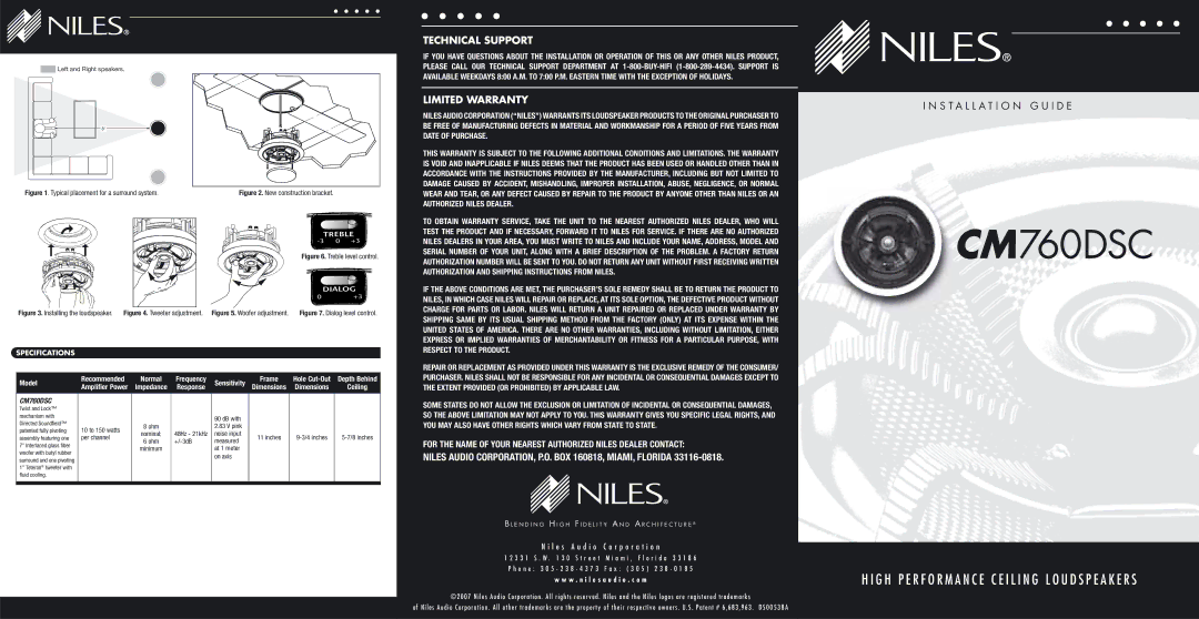 Niles Audio High Performance Ceiling Loudspeakers, CM760DSC warranty Treble, Dialog, Specifications 