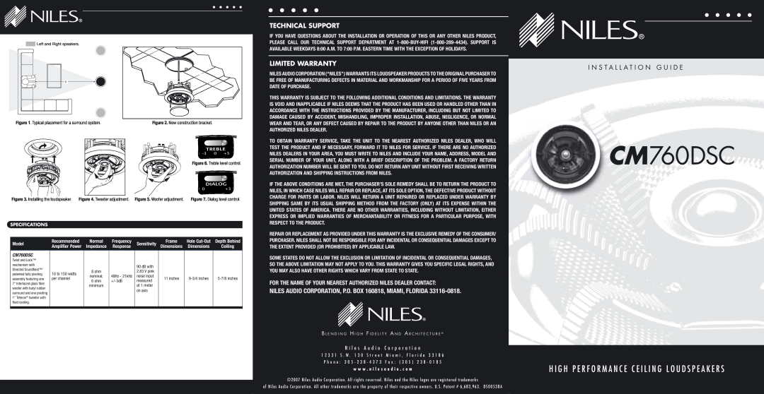 Niles Audio High Performance Ceiling Loudspeakers warranty Treble, Dialog, Specifications, CM760DSC, Technical Support 