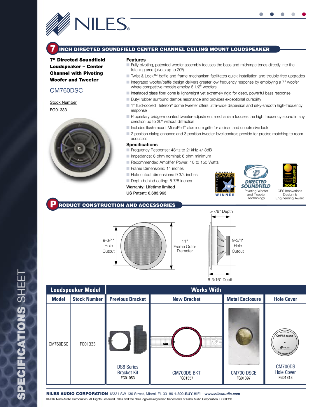 Niles Audio CM760DSC Specifications, New Bracket, Metal Enclosure, Sheet, Works With, Loudspeaker Model, Features, CM700DS 