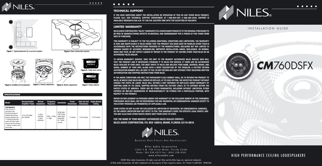 Niles Audio CM700DS BKT warranty Treble, Specifications, CM760DSFX, Technical Support, Limited Warranty, Model 