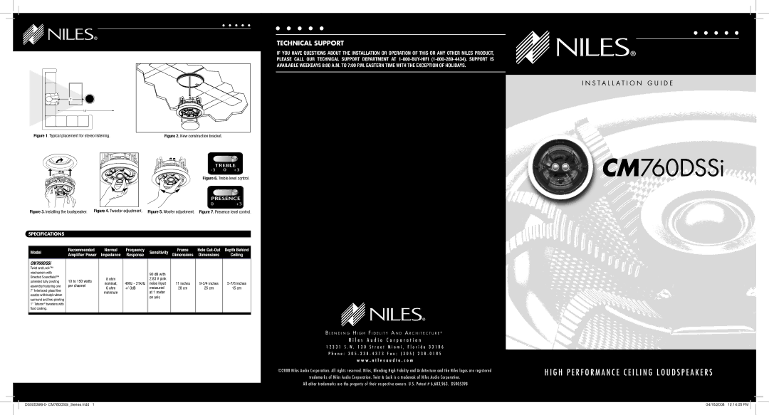 Niles Audio CM760DSSi specifications Specifications, +/-3dB, On axis, inches 25 cm 8 inches 15 cm 