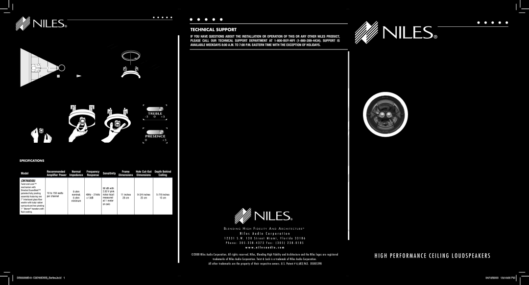 Niles Audio CM760DSSi specifications Specifications, Technical Support, I N S T A L L A T I O N G U I D E, Model 