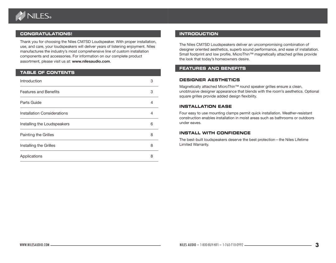 Niles Audio CM7SD manual Congratulations Table of Contents 