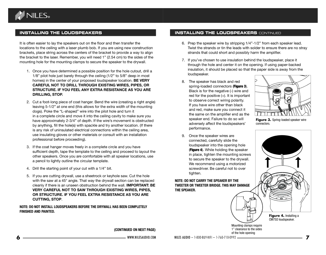 Niles Audio CM7SD manual Installing the Loudspeakers 