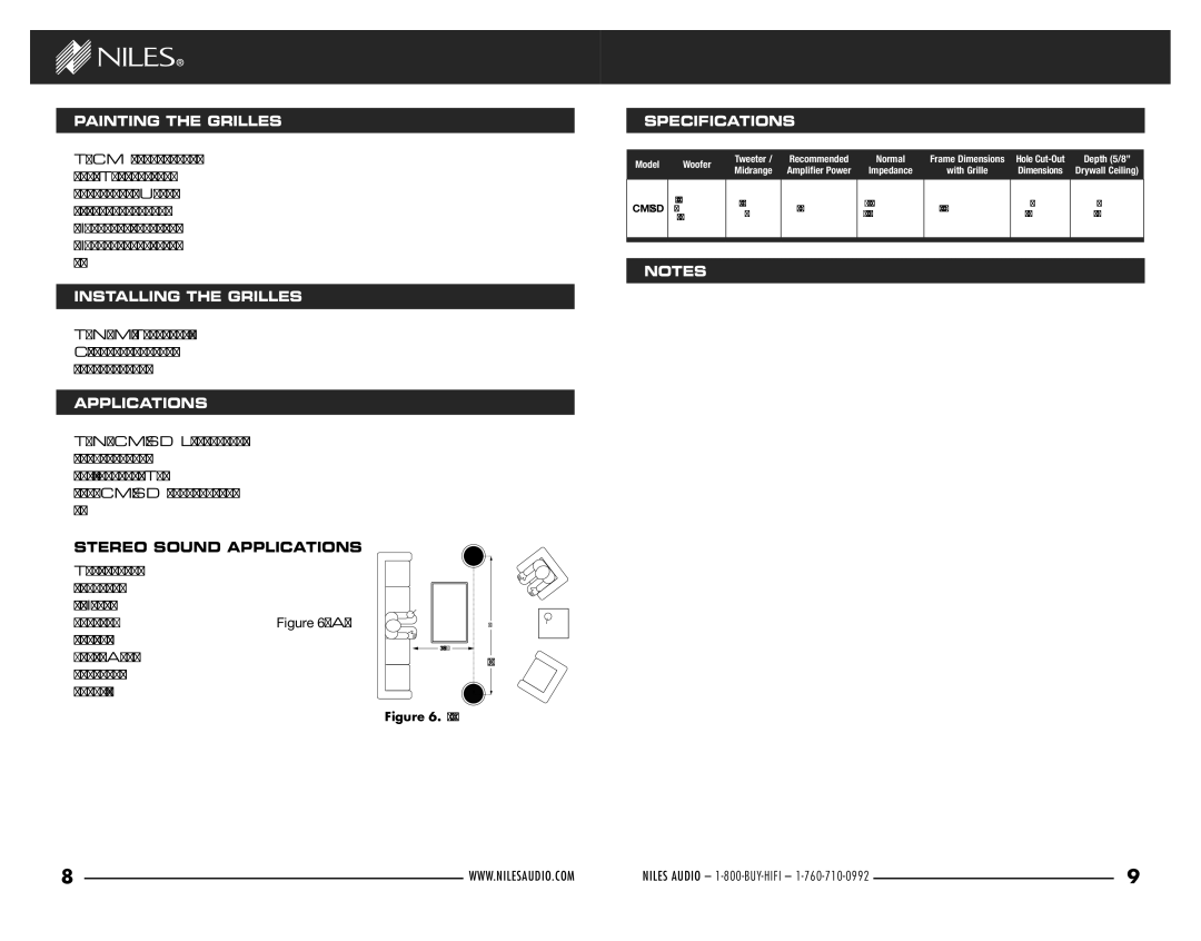 Niles Audio CM7SD manual Painting the Grilles, Installing the Grilles, Stereo Sound Applications, Specifications 
