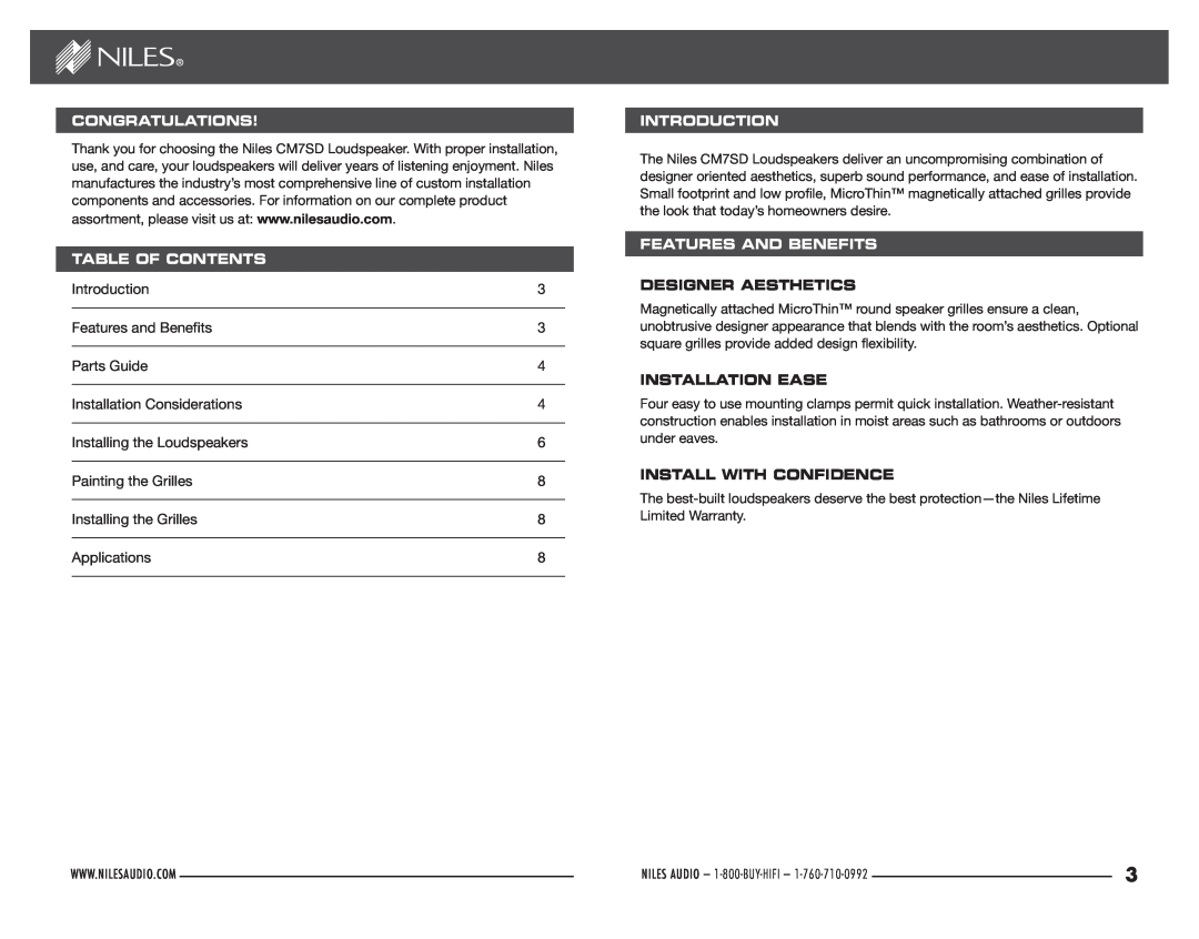 Niles Audio CM7SD manual Congratulations, Table Of Contents, Introduction, Features and Benefits, Designer Aesthetics 