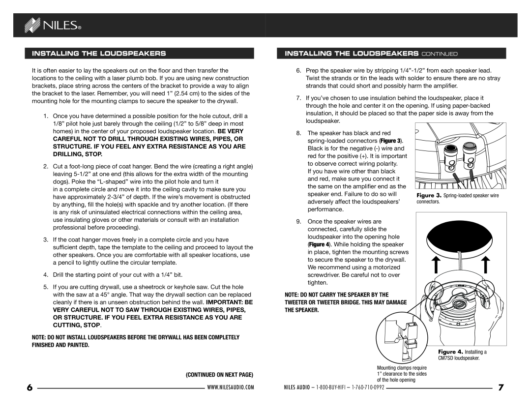 Niles Audio CM7SD manual Installing The Loudspeakers, INSTALLING THE LOUDSPEAKERS continued 