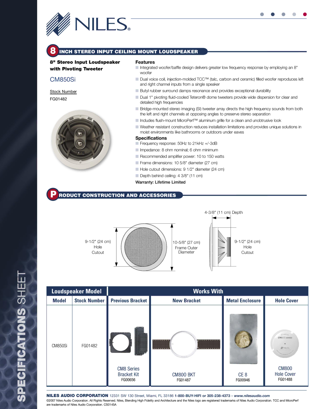 Niles Audio CM850Si specifications Stereo Input Loudspeaker Features With Pivoting Tweeter, Specifications 