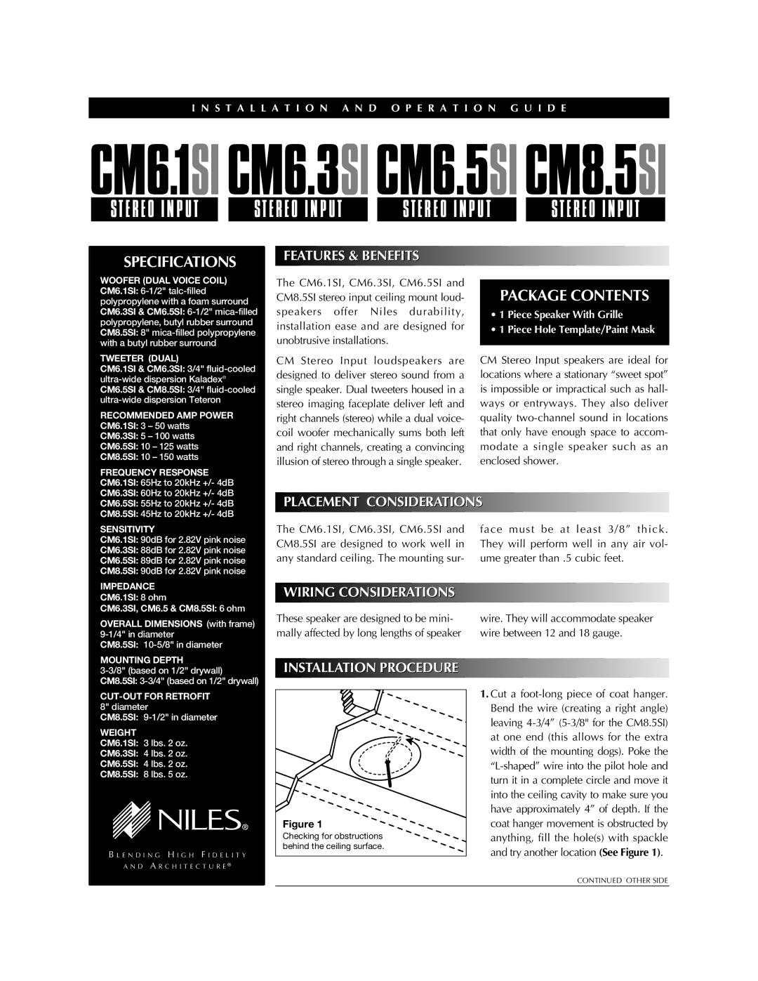 Niles Audio CM6.5SI, CM8.5SI, CM6.3SI, CM6.1SI specifications Specifications, Package Contents 