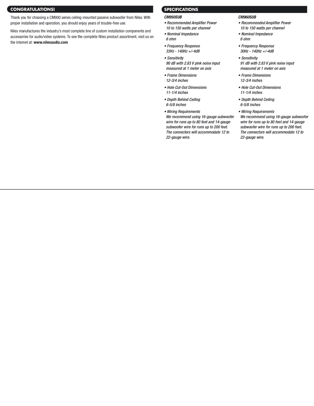 Niles Audio CM950SUB series dimensions Congratulations, Specifications 