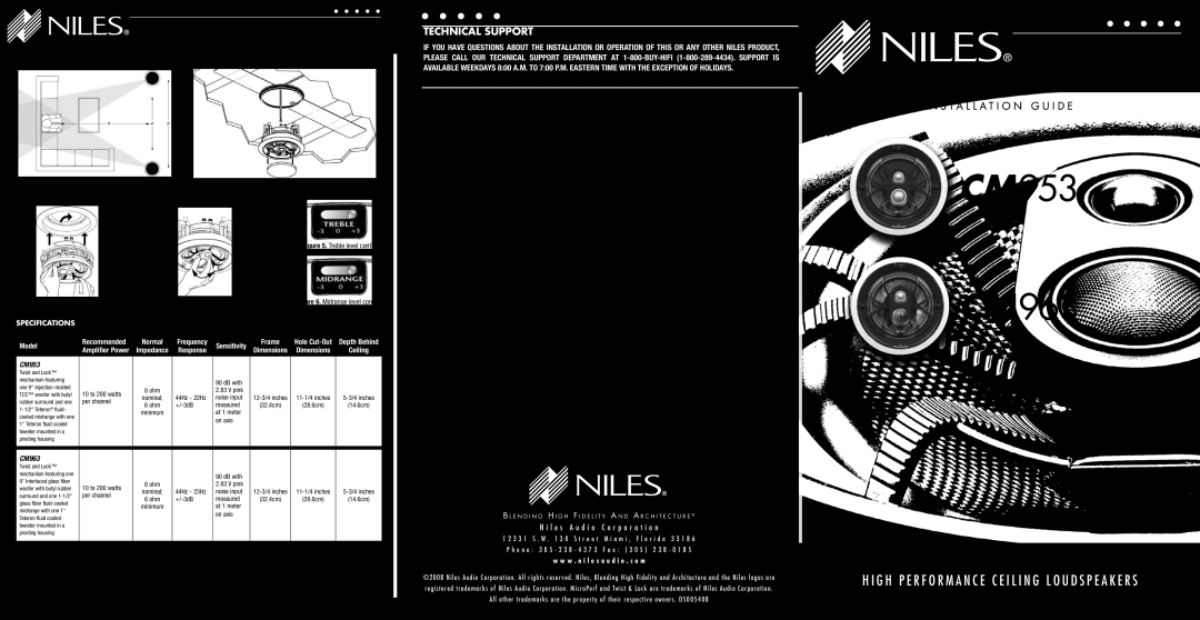 Niles Audio specifications Specifications, CM953 CM963, Technical Support, I N S T A L L A T I O N G U I D E, Model 