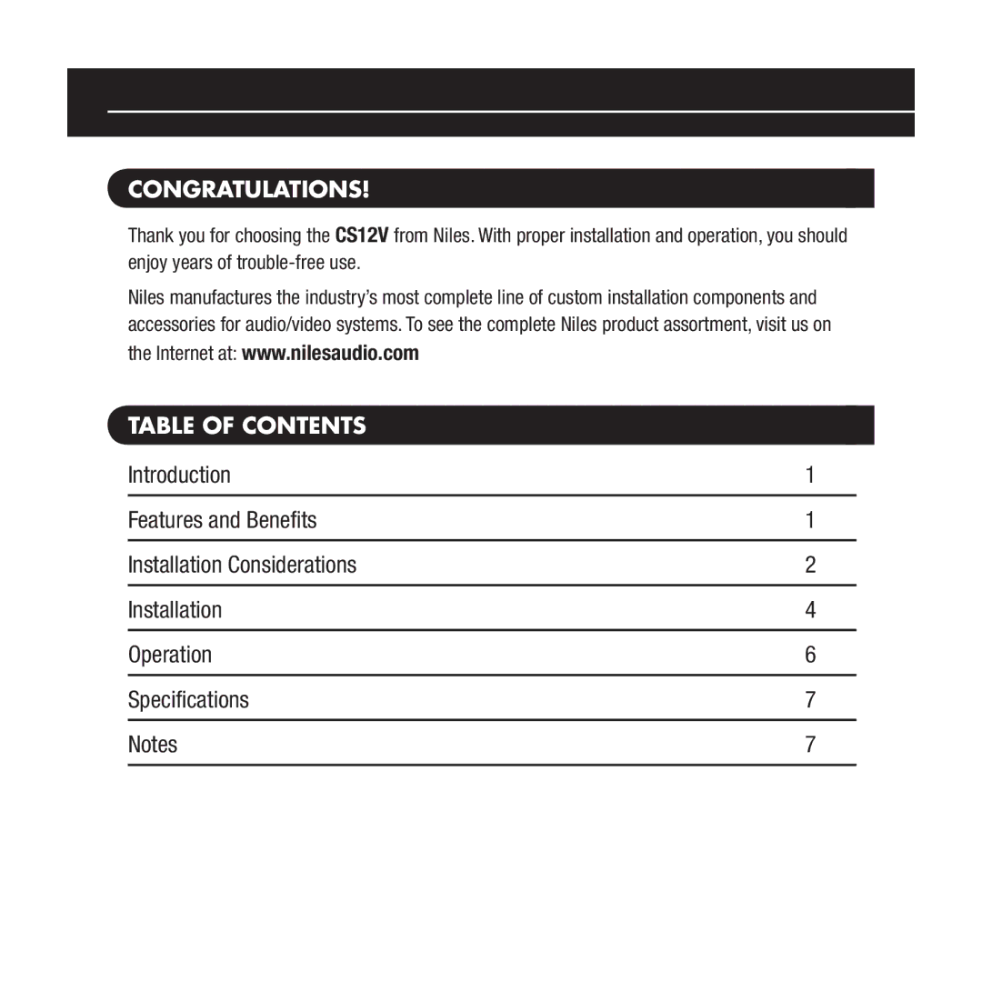 Niles Audio CS12V manual Congratulations, Table of Contents 