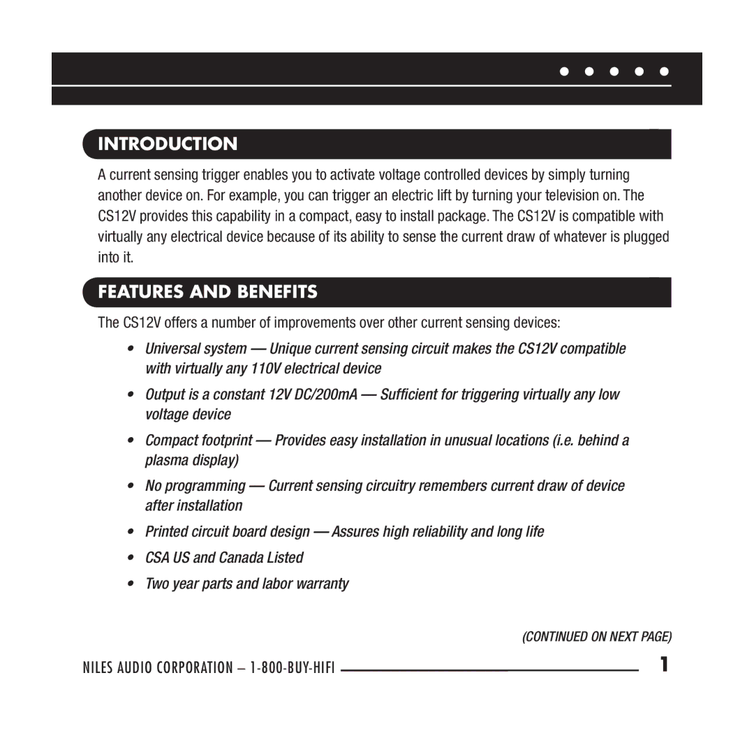 Niles Audio CS12V manual Introduction, Features and Benefits 